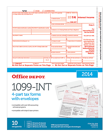Office Depot® Brand 4-Part 1099-INT Forms For 2014 Tax Year with Envelopes, Pack Of 10