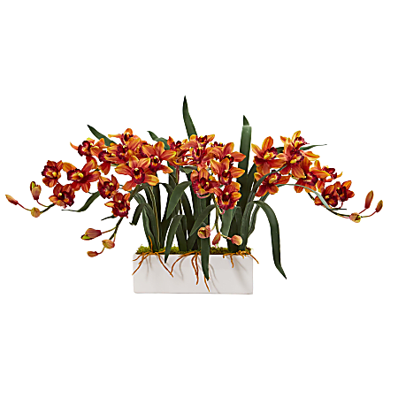 Nearly Natural Cymbidium 15”H Artificial Floral Arrangement With Vase, 15”H x 35”W x 13”D, White/Burgundy