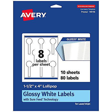 Avery® Glossy Permanent Labels With Sure Feed®, 94116-WGP10, Lollipop, 1-1/2" x 4", White, Pack Of 80