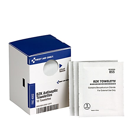 First Aid Only BZK Antiseptic Towelettes - 4.75" x 7.75" - 10/Box - White