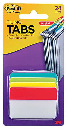 Post-it Notes Durable Angled Hanging File Folder Tabs, 2", Pack Of 24 Tabs, Assorted Colors, 