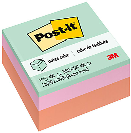 Post-it Notes Cube, 3 in. x 3 in., Assorted Pastel Colors, 400 Sheets/Cube