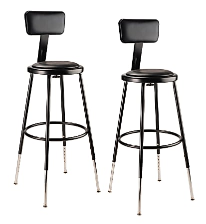 National Public Seating 6400 Series Adjustable Vinyl-Padded Science Stools With Backrests, 25 - 32-1/2"H Seat, Black, Pack Of 2 Stools