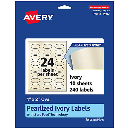 Avery® Pearlized Permanent Labels With Sure Feed®, 94053-PIP10, Oval, 1" x 2", Ivory, Pack Of 240 Labels