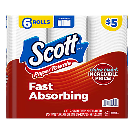 Scott Choose-A-Sheet Paper Towels, 62 Sheets Per Roll, White, Carton Of 6 Rolls