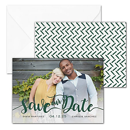 Custom Full Color Save The Date Announcements With Envelopes 7 x 5 Flirty  Date Box Of 25 Cards - Office Depot