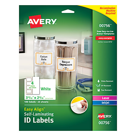 Avery® Easy Align™ Self-Laminating ID Labels, AVE00756, 3 5/16" x 2 5/16", White, Pack of 100