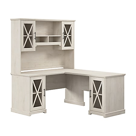 Bush Business Furniture Lennox 60"W Farmhouse L-Shaped Corner Desk With Hutch And Storage Cabinets, Linen White Oak, Standard Delivery