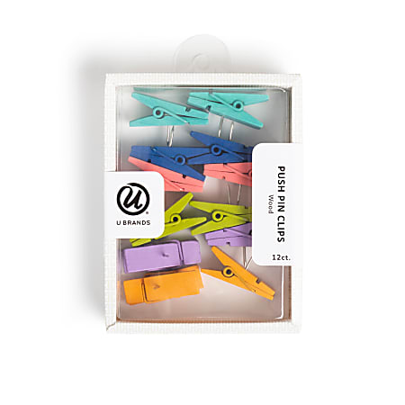 U Brands&reg; Wood Clothespin Push Pins, Assorted Colors, Set Of 12 Pins