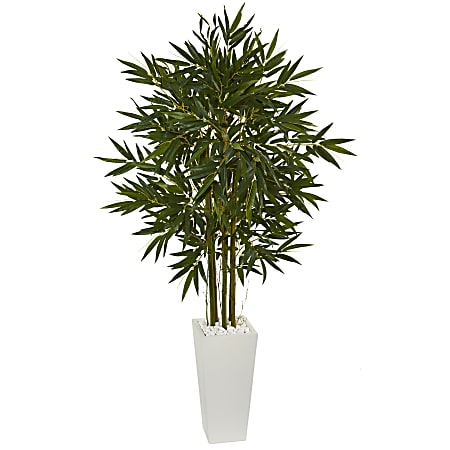 Nearly Natural 6'H Bamboo Artificial Tree With Tower Planter, 72"H x 38"Wx 38"D, White/Green