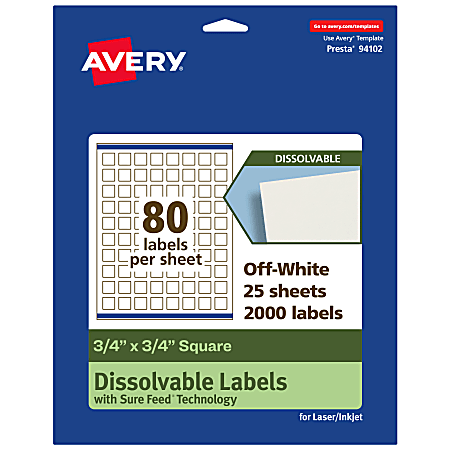 Avery® Print-to-the-Edge Dissolvable Labels With Sure Feed® Technology, 94102-DWMP25, Square, 3/4"x3/4", Matte Off-White, Pack Of 2000