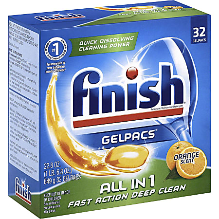 Finish Dishwasher Gel Packs - Gel - 1.3 fl oz (0 quart) - Orange Scent - 32 / Box - 8 / Carton - Orange