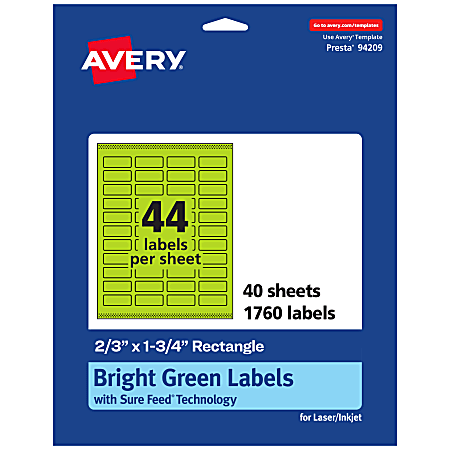 Avery® Print-To-The-Edge Labels With Sure Feed® Technology And Easy Peel®, 94209-BGP40, Rectangle, 2/3" x 1-3/4", Matte Bright Green, Pack of 1760