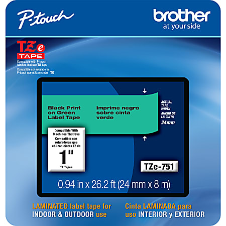 Brother® TZE751CS Genuine P-Touch Laminated Label Tape, 1" x 26-1/4', Black/Green