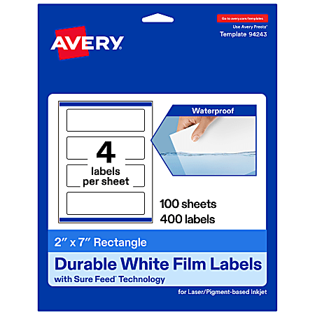 Avery® Waterproof Permanent Labels With Sure Feed®, 94243-WMF100, Rectangle, 2" x 7", White, Pack Of 400