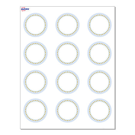 Avery® Print-To-The-Edge Cards With Sure Feed®, S00-D2H-PRMWC10, 2" Round, Matte White, Preprinted Blue Border with Gold Dots Design, Pack Of 120