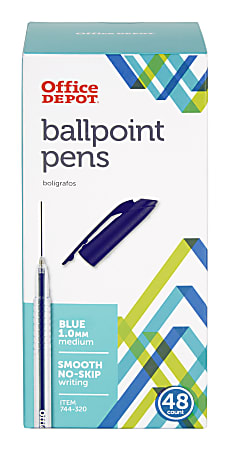 Office Depot® Brand Ballpoint Stick Pens, 1.0 mm, Medium Point, Clear Barrel, Blue Ink, Pack Of 48