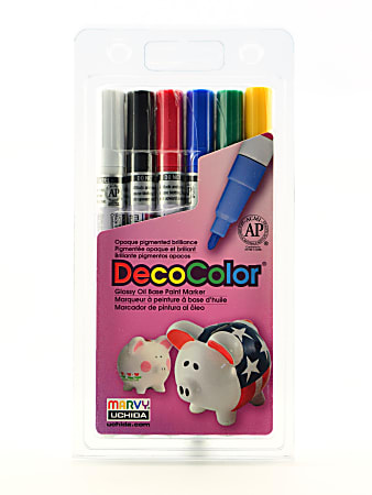 Marvy Uchida DecoColor? Paint Markers, Set Of 6 Markers, Fine Tips, Assorted Primary Colors