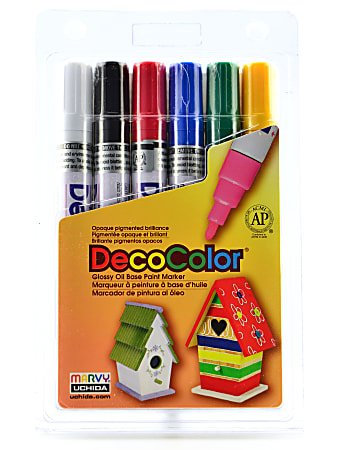 Marvy Uchida DecoColor® Paint Markers, Set Of 6 Markers, Broad Tips, Assorted Primary Colors