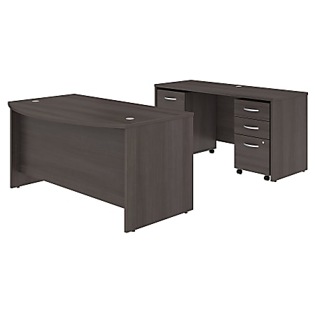 Bush Business Furniture Studio C Bow Front Desk and Credenza with Mobile File Cabinets, 60"W x 36"D, Storm Gray, Standard Delivery