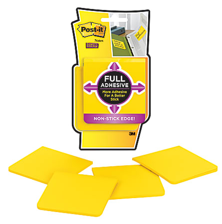 Post-it® Super Sticky Full Adhesive Notes, 100 Total Notes, Pack Of 4 Pads, 3" x 3", Electric Yellow, 25 Notes Per Pad