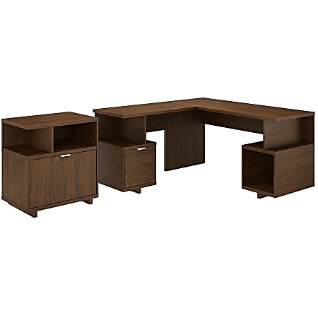 kathy ireland® Home by Bush Furniture Madison Avenue 60"W L-Shaped Desk With Lateral File Cabinet, Modern Walnut, Standard Delivery