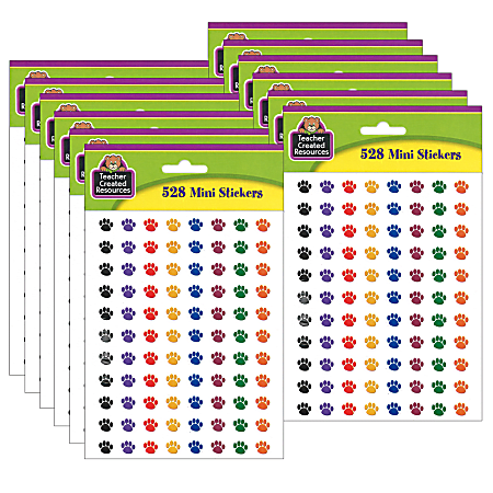 Teacher Created Resources® Mini Stickers, Colorful Paw Prints, 528 Stickers Per Pack, Set Of 12 Packs