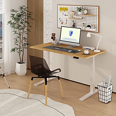 FlexiSpot E7 Pro Electric 60”W Adjustable Height Standing Desk, White/Bamboo