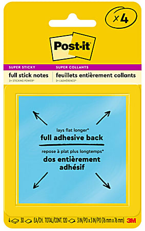 Post-it Notes Super Sticky Full Stick Notes, 3" x 3", Energy Boost Collection, Pack Of 4 Pads