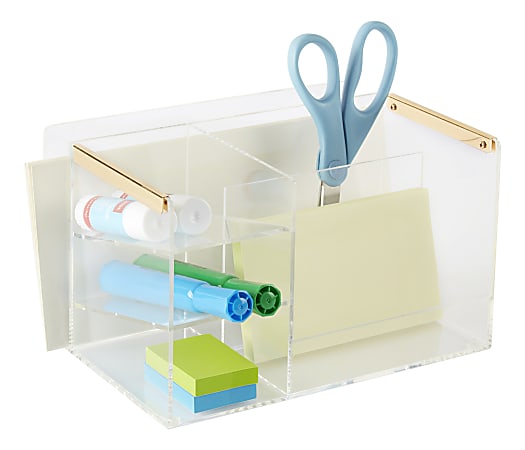 Realspace® Vayla Acrylic Desktop Caddy With Drawer, 4-3/4”H x 12-1/2”W x 9-3/8”D, Clear/Gold