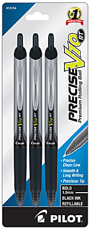 Pilot Precise V10 RT Gel Ink Rolling Ball Pens, Bold Point, 1.0mm, Silver Barrel, Black Ink, Pack of 3 Pens