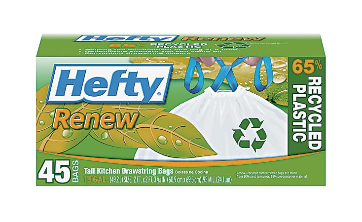Hefty® Renew Tall Kitchen Drawstring Trash Bags, 13 Gallons, 44% Recycled, White, Box Of 45