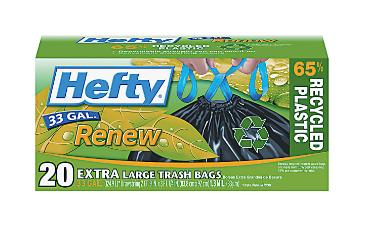 Hefty® Renew 1.1-mil Drawstring Outdoor Trash Bags, 33 Gallons, Black, Box Of 20