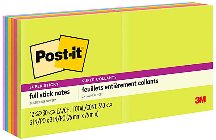 Post-it Super Sticky Notes, 3 in x 3 in, 12 Pads, 30 Sheets/Pad, 2x the Sticking Power, Energy Boost Collection