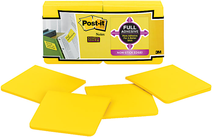 Post-it® Super Sticky Full Stick Notes, 3" x 3", Electric Yellow, 25 Sheets Per Pad, Pack Of 12 Pads