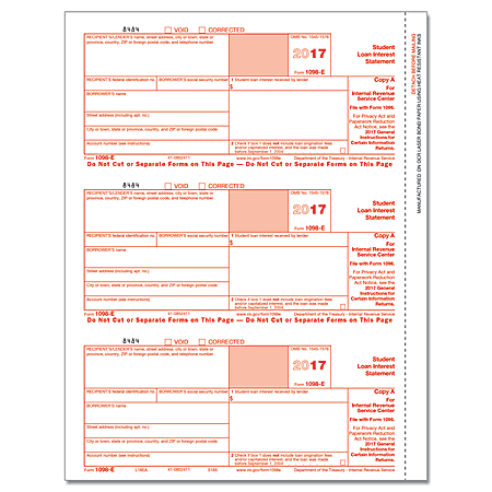 ComplyRight 1098-E Inkjet/Laser Tax Forms For 2017, Federal Copy A, 8 1/2" x 11", Pack Of 50
