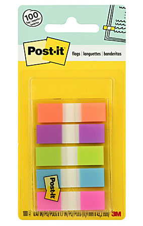 Post-it® Notes Flags, 1/2" x 1-7/10", Assorted Bright Colors, 20 Flags Per Pad, Pack Of 5 Pads