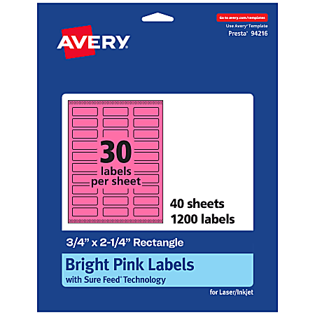 Avery® Print-To-The-Edge Labels With Sure Feed® Technology And Easy Peel®, 94216-BPP40, Rectangle, 3/4" x 2-1/4", Matte Bright Pink, Pack of 1200