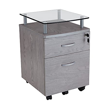 Techni Mobili 15-3/4&rdquo;W x 17-1/2&rdquo;D Lateral 2-Drawer Mobile Locking Glass Top File Cabinet, Gray