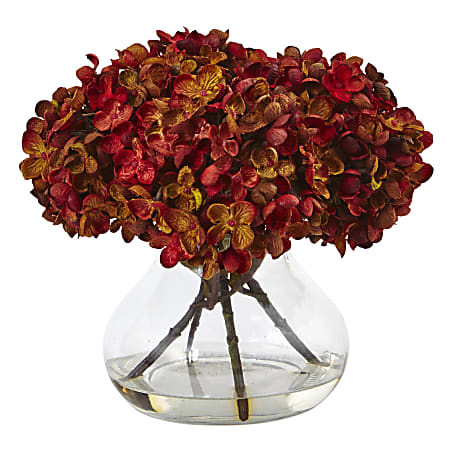 Nearly Natural Hydrangea 8-1/2”H Silk Flower Arrangement With Glass Vase, 8-1/2”H x 9”W x 9”D, Rust