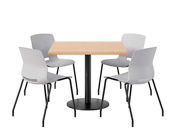 KFI Studios Proof Cafe Pedestal Table With Imme Chairs, Square, 29”H x 36”W x 36”W, Maple Top/Black Base/Light Gray Chairs