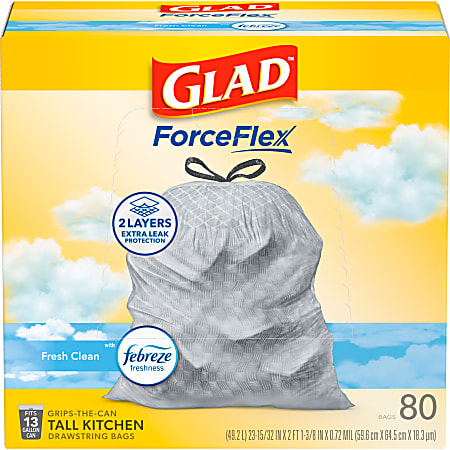 Glad ForceFlex Tall Kitchen Drawstring Trash Bags,  0.95 mil, 13 Gallon, Fresh Clean, 80 Count (78534)