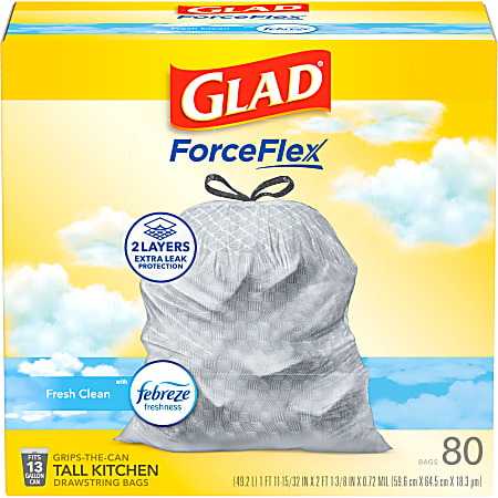 Glad® Tall Kitchen 5-Day OdorShield Trash Bags With Febreze® Freshness, 13 Gallons, Fresh Clean Scent, White, Pack Of 80 Trash Bags