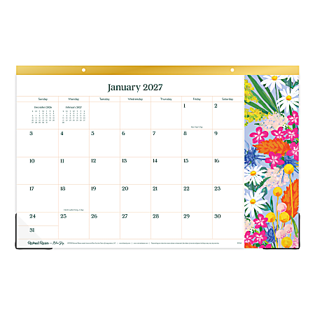 2027 Blue Sky Rachael Reese Spring Bouquet Monthly Desk Pad Calendar, 17x11, Perforated Pages, Trim Tape Binding, Jan-Dec 2027, Qty 1