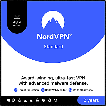 NordVPN VPN Service 2024, 10 Devices, 2-YR Subscription, Android/Windows/IOS, Download