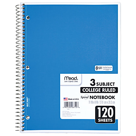 Mead 3-Subject Wire-bound Notebook - Letter-size - 120 Sheets - Spiral - College Ruled - Letter - 8" x 11" - White Paper - Back Board - 1 Each