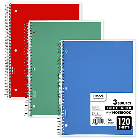 Mead® Wirebound Notebook, 8" x 11", 3 Subject, 120 Sheets, Assorted Colors