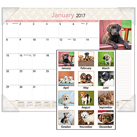 AT-A-GLANCE® Desk Pad Calendar, 22" x 17", 30% Recycled, Puppies, January–December 2017