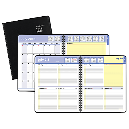 AT-A-GLANCE® QuickNotes® 13-Month Academic Weekly/Monthly Planner, 8" x 9 7/8", 30% Recycled, Black, July 2018 to July 2019