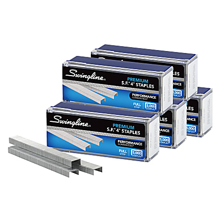 Swingline® S.F.® 4® Premium Staples, 1/4" Full Strip, Silver, 5,000 Per Pack, Case Of 5 Packs